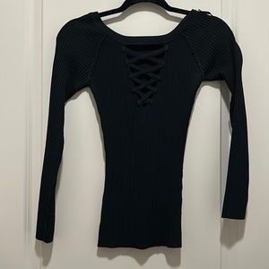 Bebe black, crisscross, long sleeve sweater, size xs